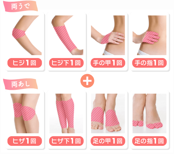 両うで(ヒジ1回、ヒジ下1回、手の甲1回、手の指1回)+両あし(ヒザ1回、ヒザ下1回、足の甲1回、足の指1回)